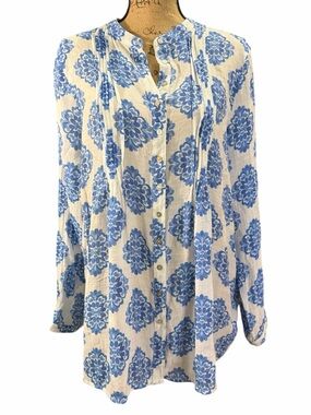 Nanette Lepore White Buttoned Blouse with Blue Floral Print   EC. Size XL